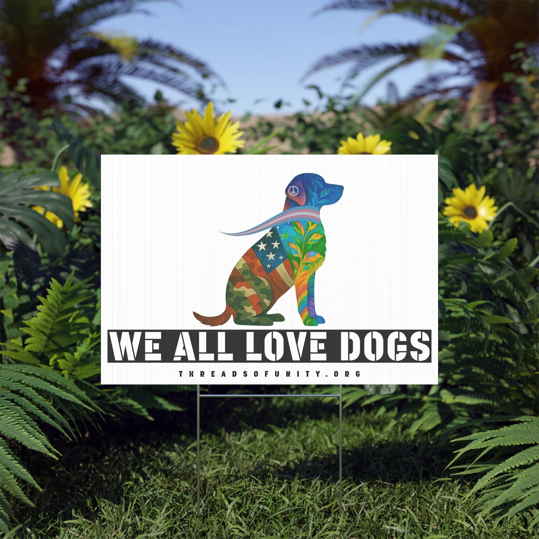"We All Love Dogs, Retriever" Threads of Unity™ Lawn Sign. Welcoming & Inclusive