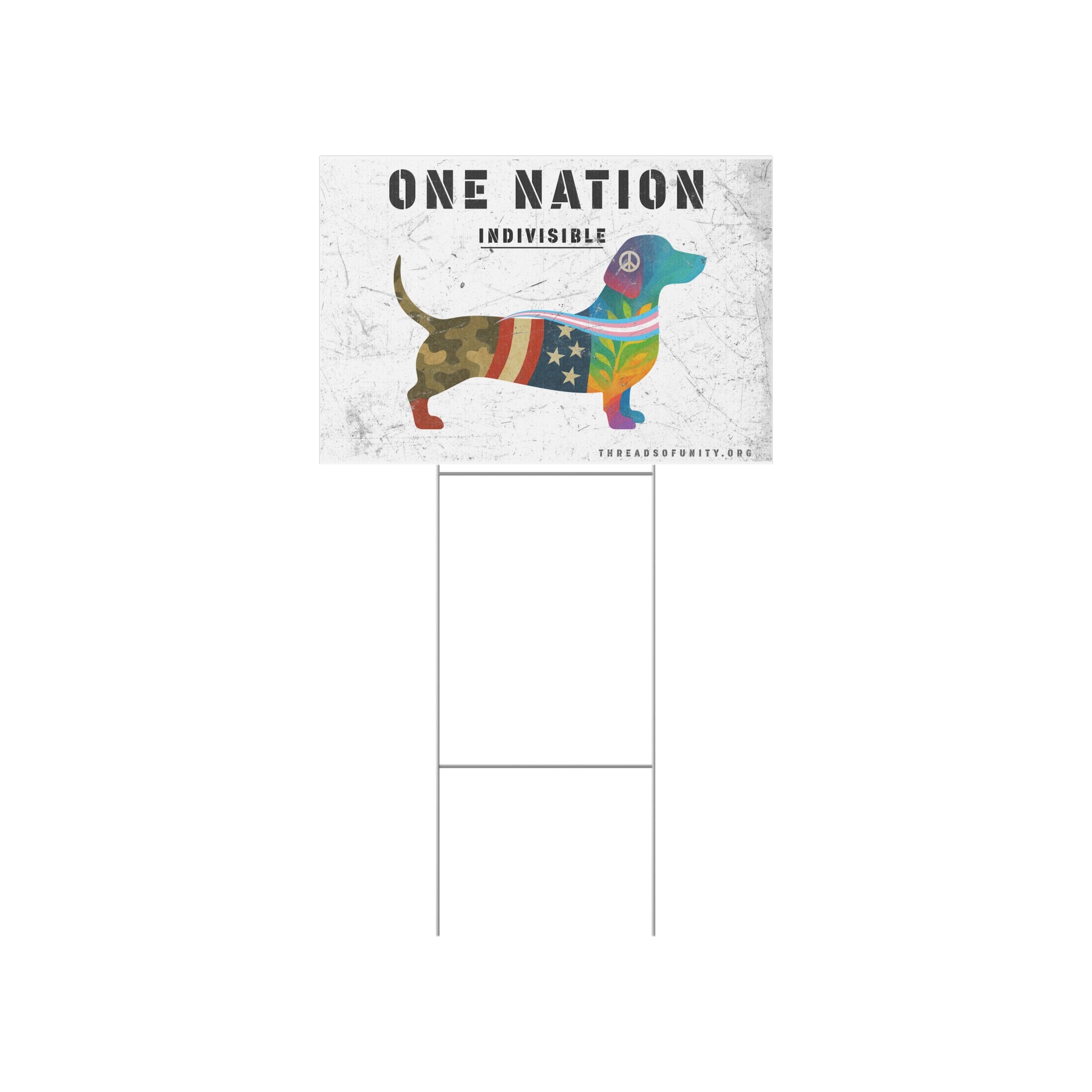 "One Nation, Indivisible Hound" Threads of Unity™ Lawn Sign. Inclusive & Patriotic
