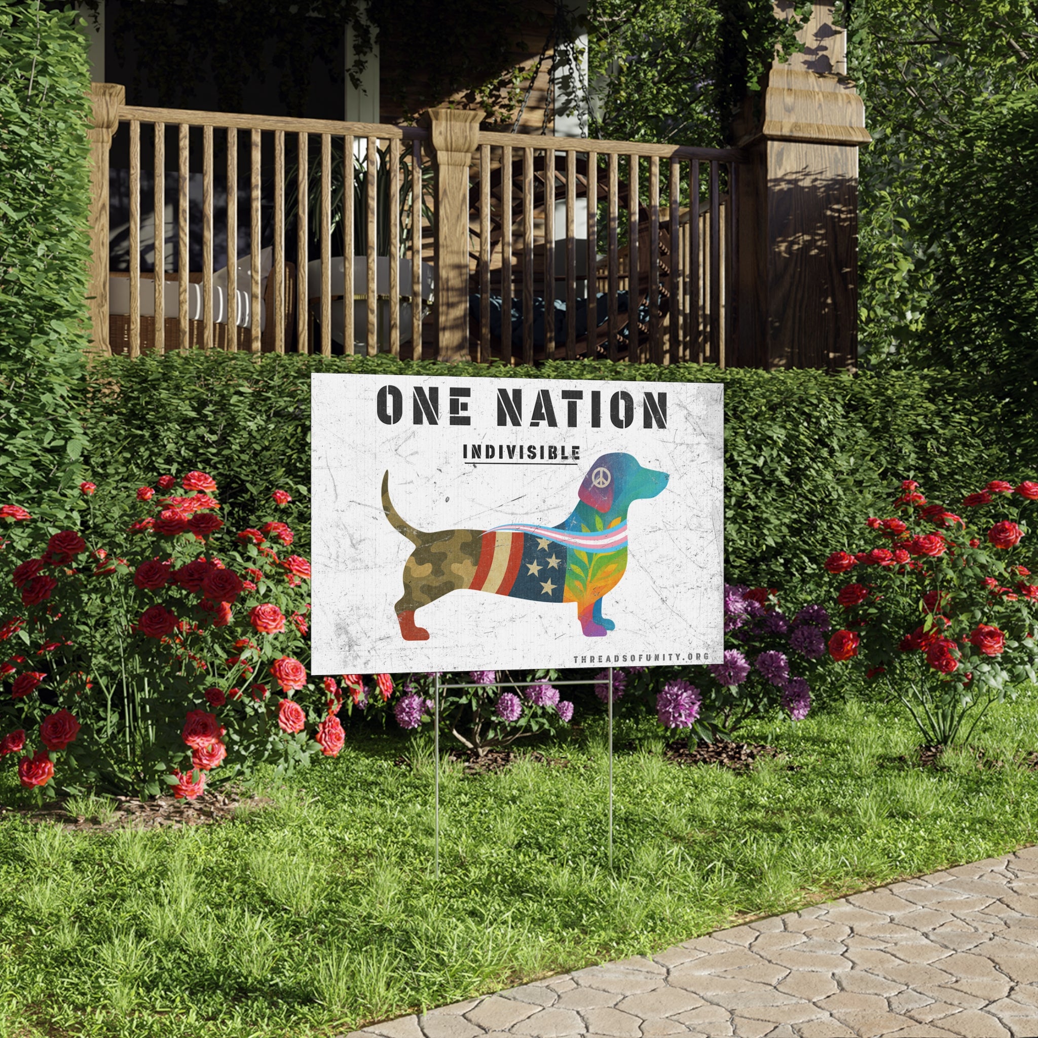 "One Nation, Indivisible Hound" Threads of Unity™ Lawn Sign. Inclusive & Patriotic