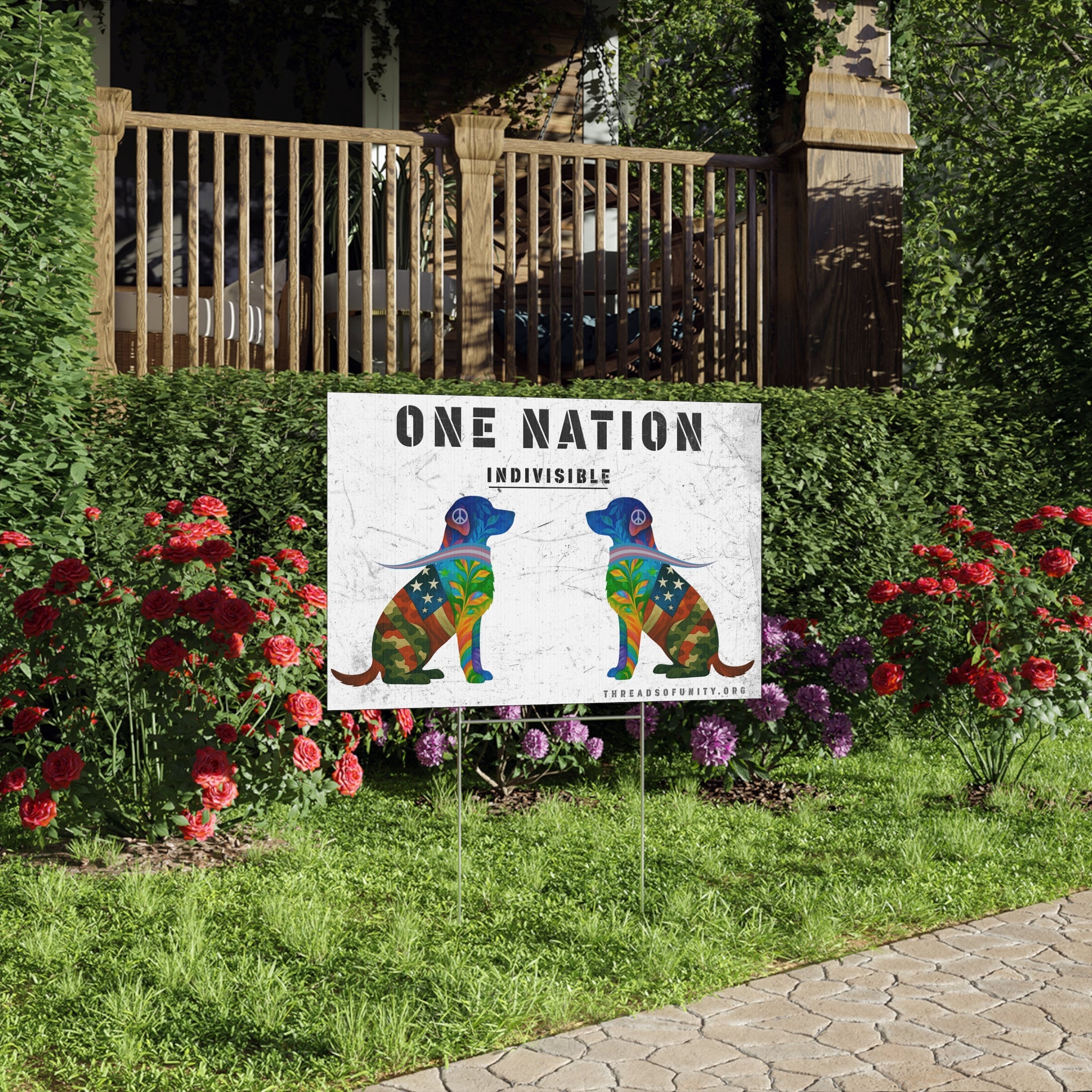 "One Nation, Indivisible Dogs" Threads of Unity™ Lawn Sign. Inclusive & Patriotic