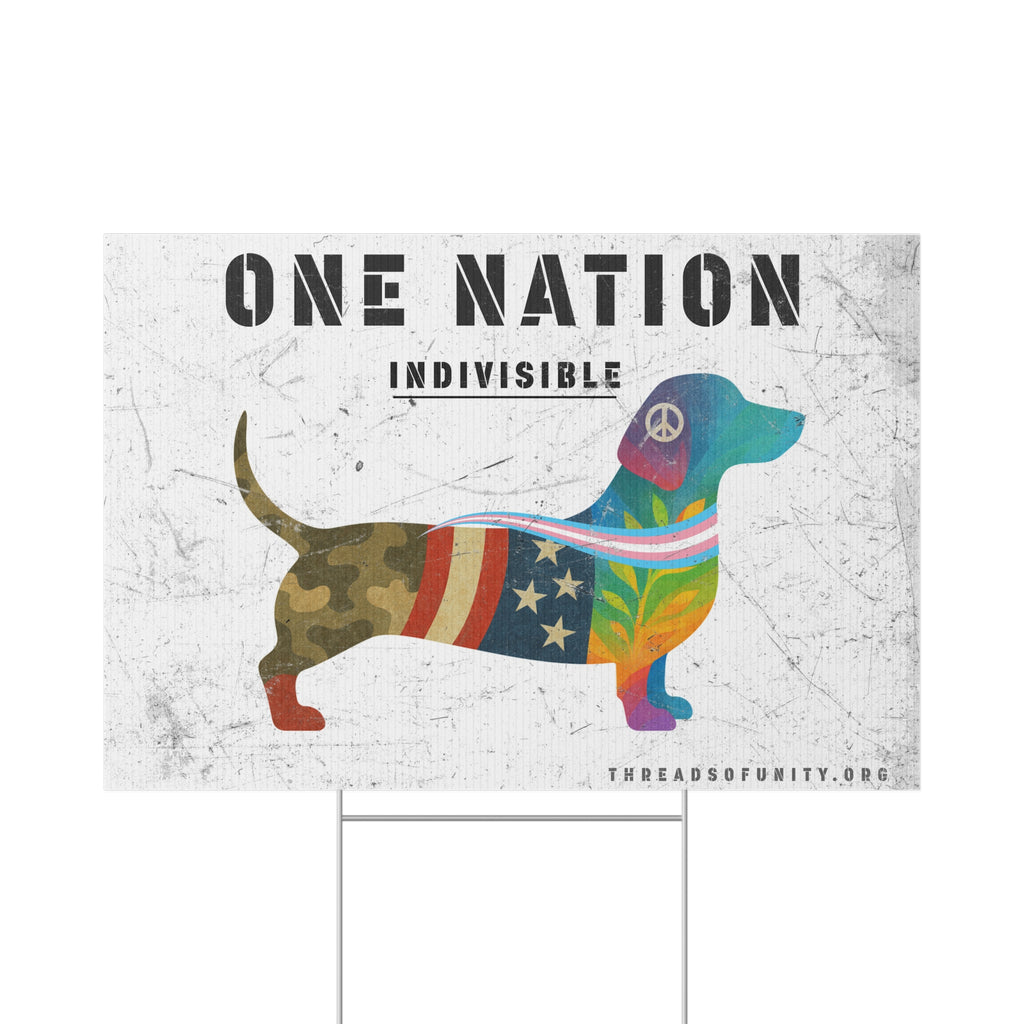 "One Nation, Indivisible Hound" Threads of Unity™ Lawn Sign. Inclusive & Patriotic