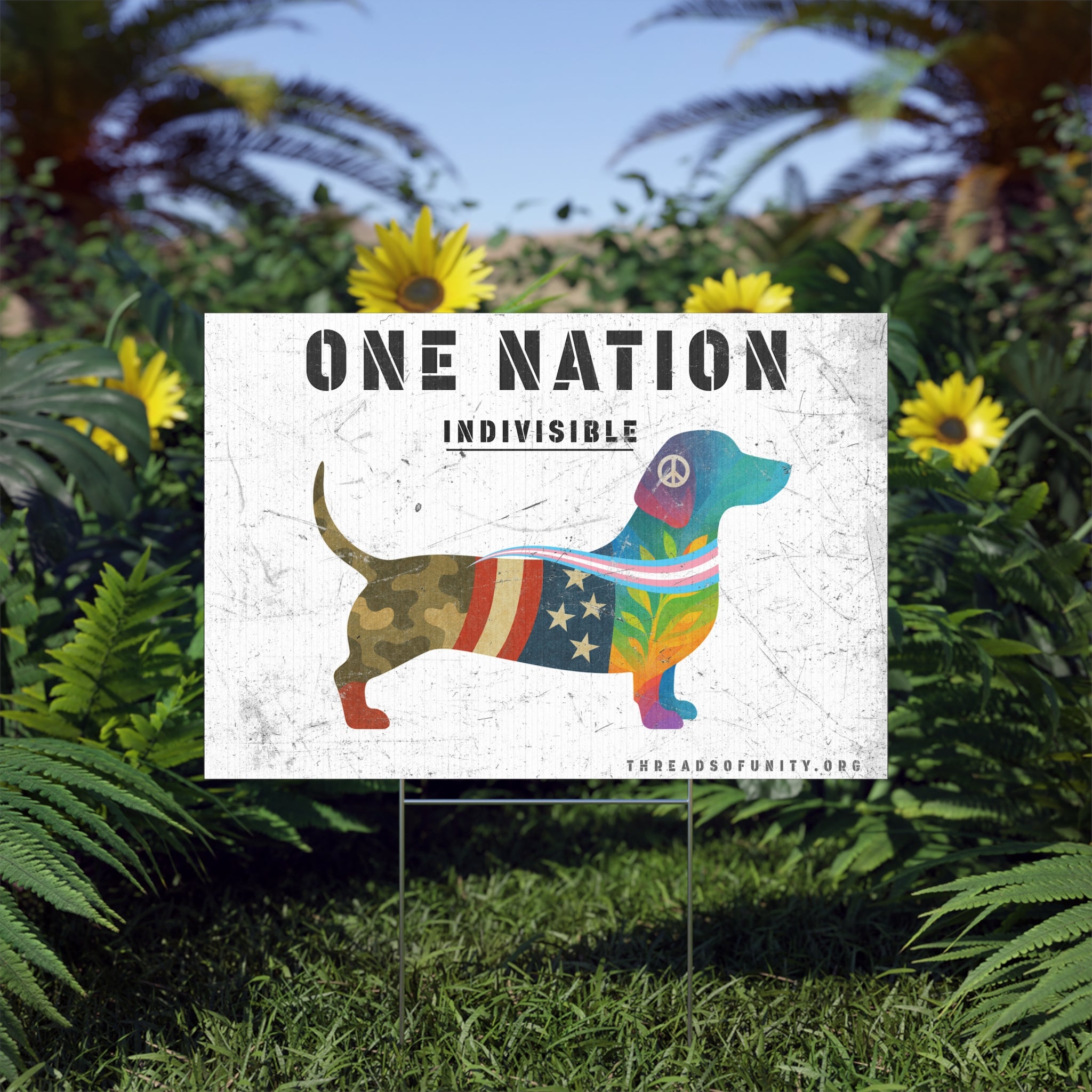 "One Nation, Indivisible Hound" Threads of Unity™ Lawn Sign. Inclusive & Patriotic