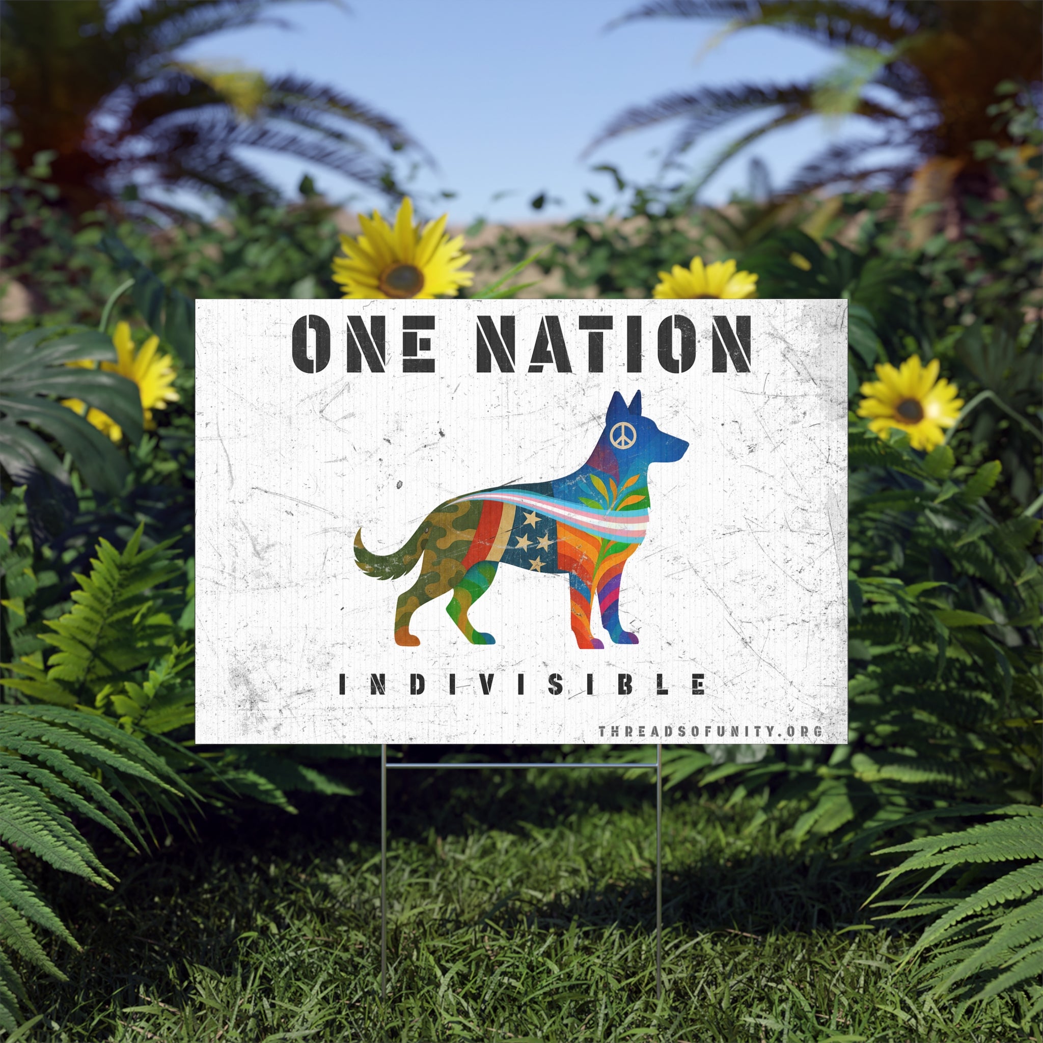 "One Nation, Indivisible Shepherd" Threads of Unity™ Lawn Sign. Inclusive & Patriotic