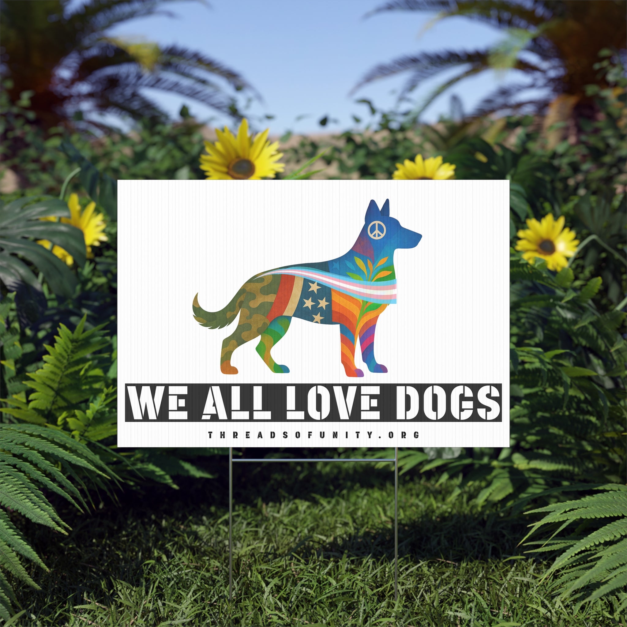 "We All Love Dogs, Shepherd" Threads of Unity™ Lawn Sign. Inclusive & Welcoming