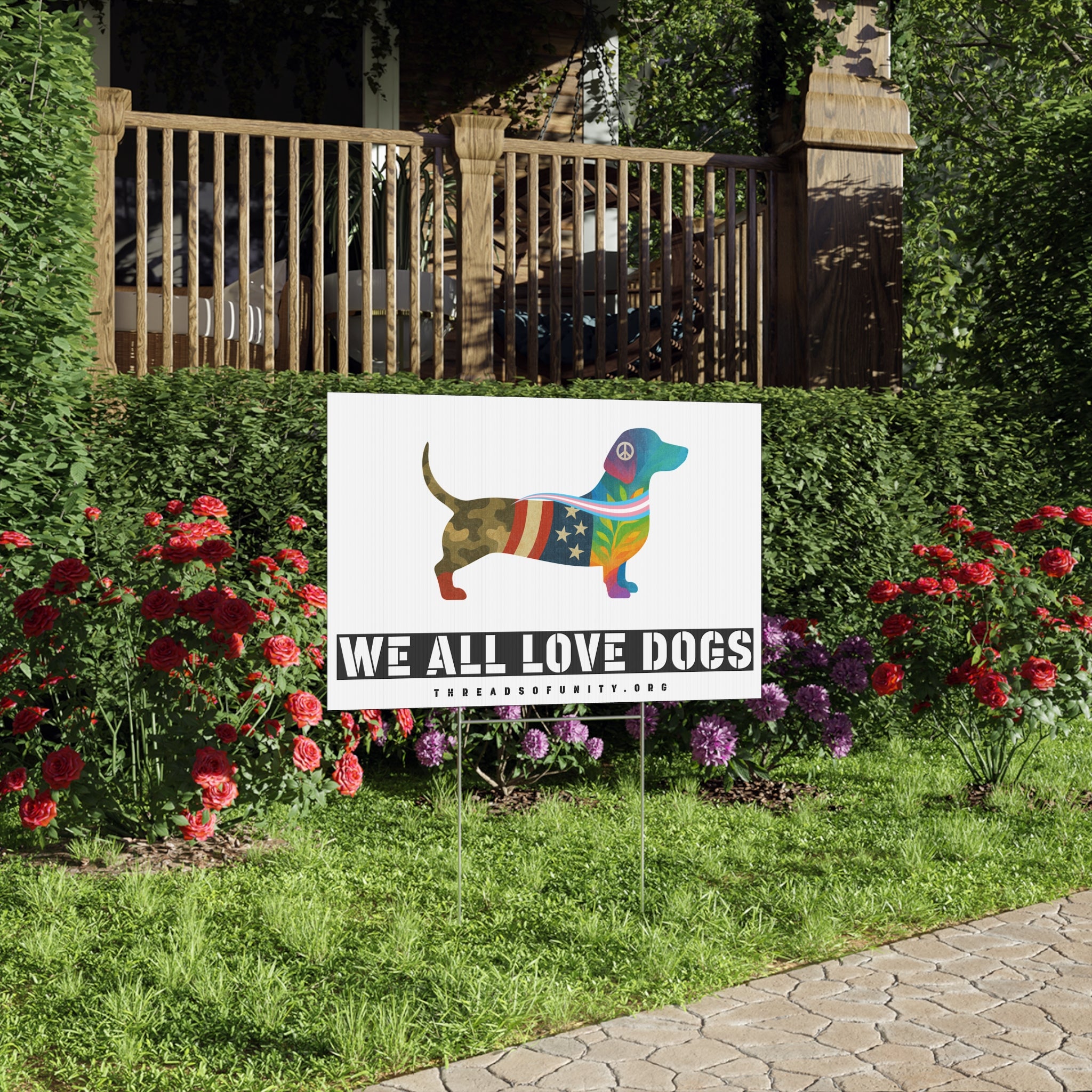 "We All Love Dogs, Hound" Threads of Unity™ Lawn Sign. Inclusive & Welcoming